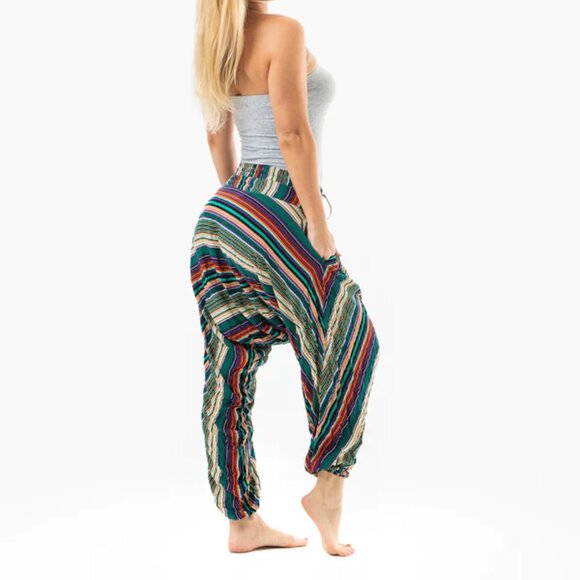 Buddha Pants Unisex Drawstring Boho Hippie Stripe Savannah Harem Pants Green - Picture 9 of 15
